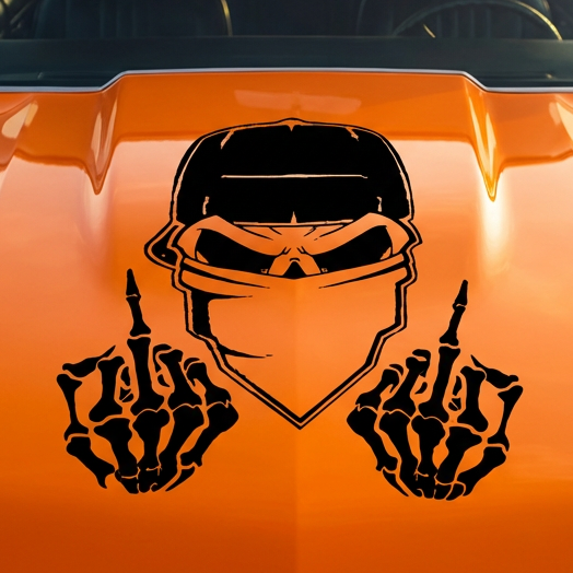Black matte Skull with Middle Fingers wall/hood decal, high‑contrast silhouette on smooth painted surface.