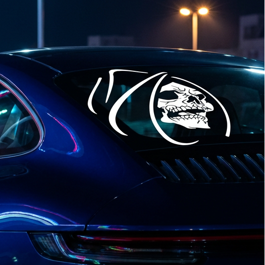 Grim Reaper vinyl decal in white on car window, die cut no background