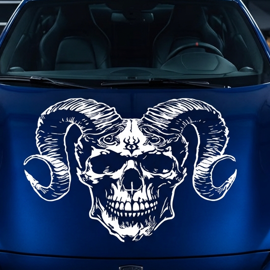Skull with Horns vinyl car/wall decal, white, 33×26 in, die‑cut with no background on blue hood