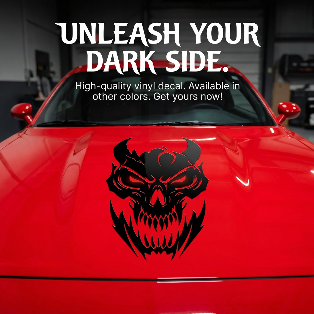 “Black matte skull devil decal with red‑eye inlay (optional), applied to car hood, high‑contrast silhouette”