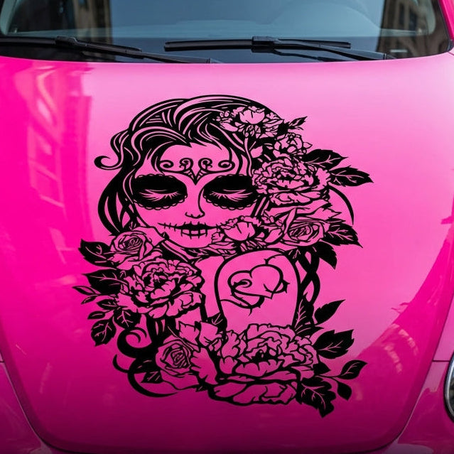 Black matte Sugar Skull square decal, 29×29, high‑contrast silhouette on vehicle
