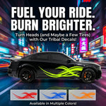 Promotional graphic for tribal car decals with a black car on a city street at night.
