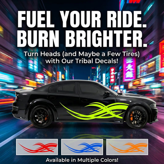 Promotional graphic for tribal car decals with a black car on a city street at night.