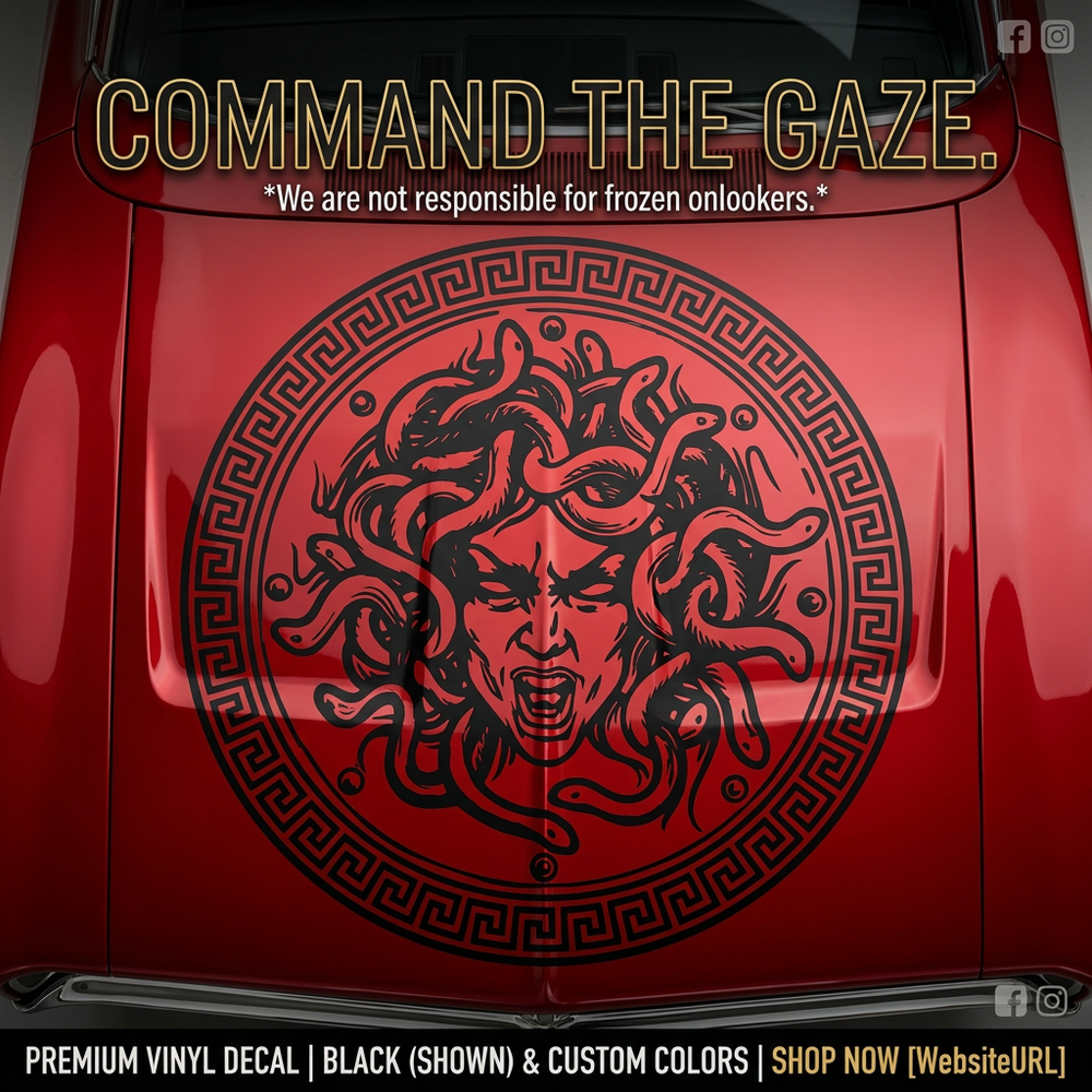 Red car with black Medusa head Vinyl decal die-cut 29"x 29"