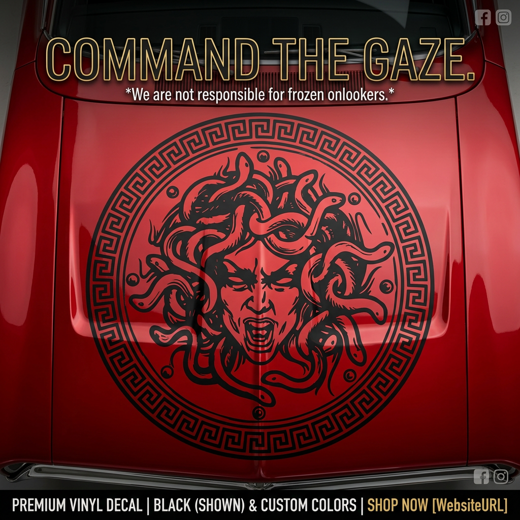 Red car with black Medusa head Vinyl decal die-cut 29"x 29"