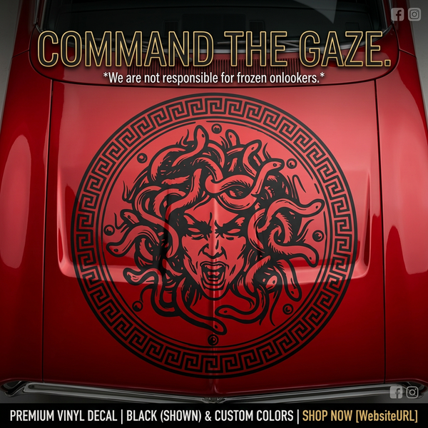 Red car with black Medusa head Vinyl decal die-cut 29"x 29"