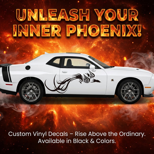 Large black phoenix car door decal, mythical firebird silhouette