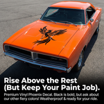 Orange muscle car with a black vinyll  die-cut decal of a phoenix 