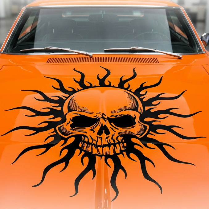 Skull Tribal vinyl car/wall decal, white, die‑cut with no background on tinted rear window