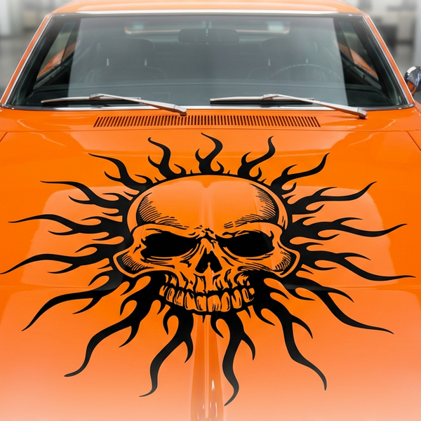 Skull Tribal vinyl car/wall decal, white, die‑cut with no background on tinted rear window