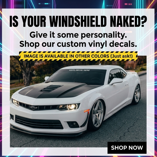 “Custom windshield banner decal with YOUR TEXT in white vinyl, approx. 55×6 in, die‑cut with no background on tinted glass”