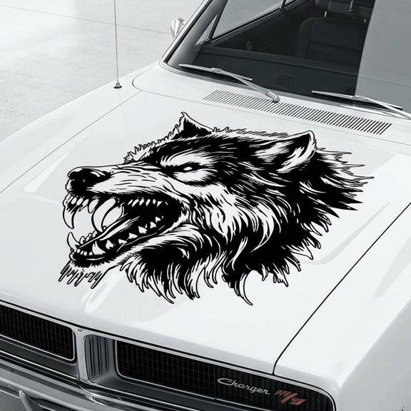 White car with a wolf decal on a white background