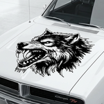 White car with a wolf decal on a white background