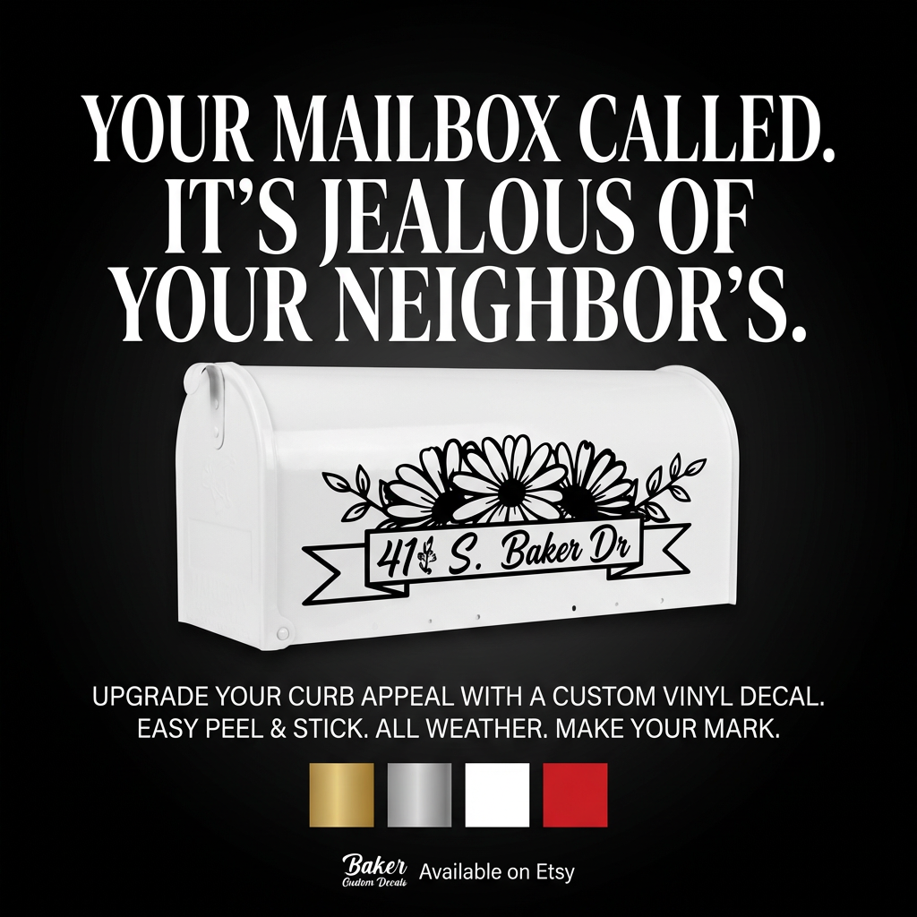 Mailbox decal with daisies flanking a banner, custom family name, black vinyl on black mailbox, approx. 12×6in”