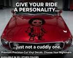 Black matte eyeless living dead doll horror decal on vehicle hood 18.5×29”