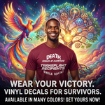 “Death smiles—transplant recipients smile back tee, red shirt with white vinyl text.