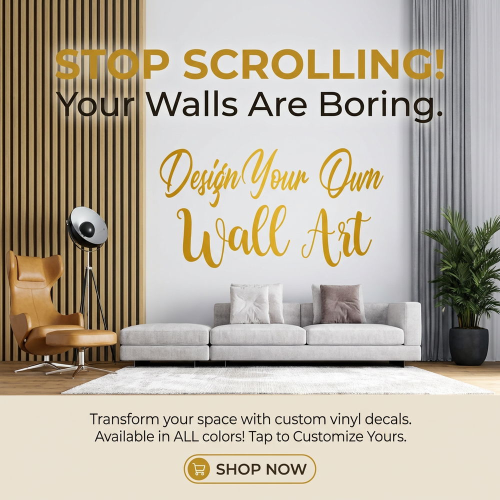 Custom vinyl wall art text decal, black, ‘Design Your Own’ sample on interior wall”