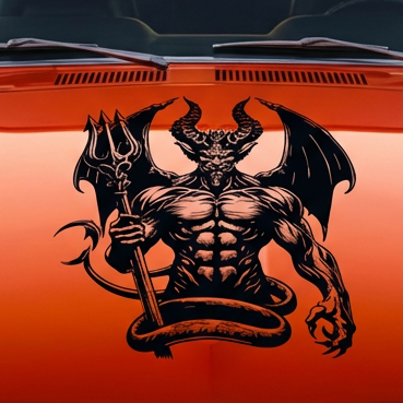 “Devil silhouette vinyl car/wall decal, white, die‑cut with no background”