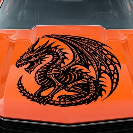 Orange car with a dragon decal on the hood black vinyl, die cut, no background