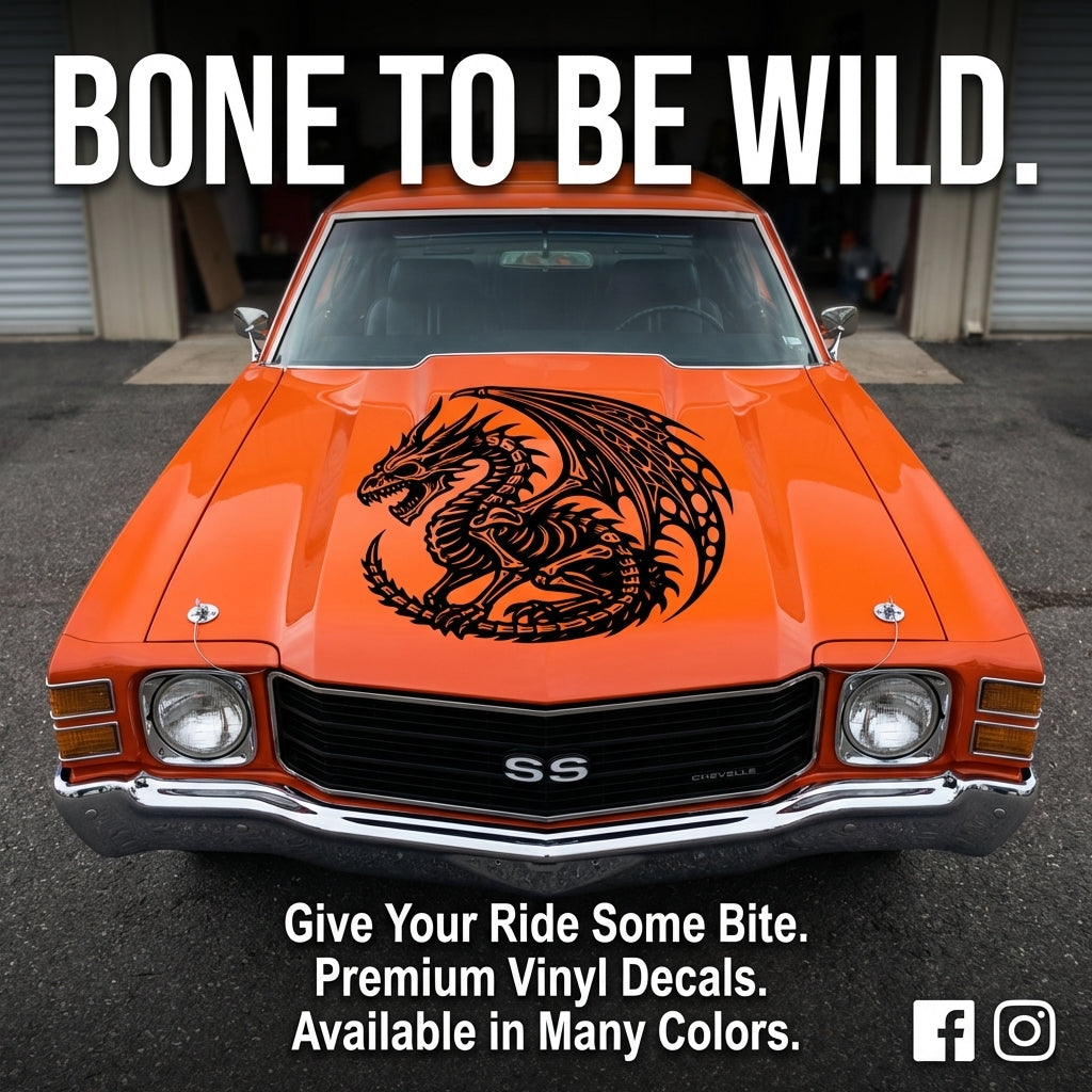 Orange car with a dragon decal on the hood black vinyl, die cut, no background