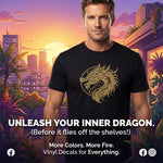 “Dragon graphic unisex t‑shirt, black with gold HTV print, front view”