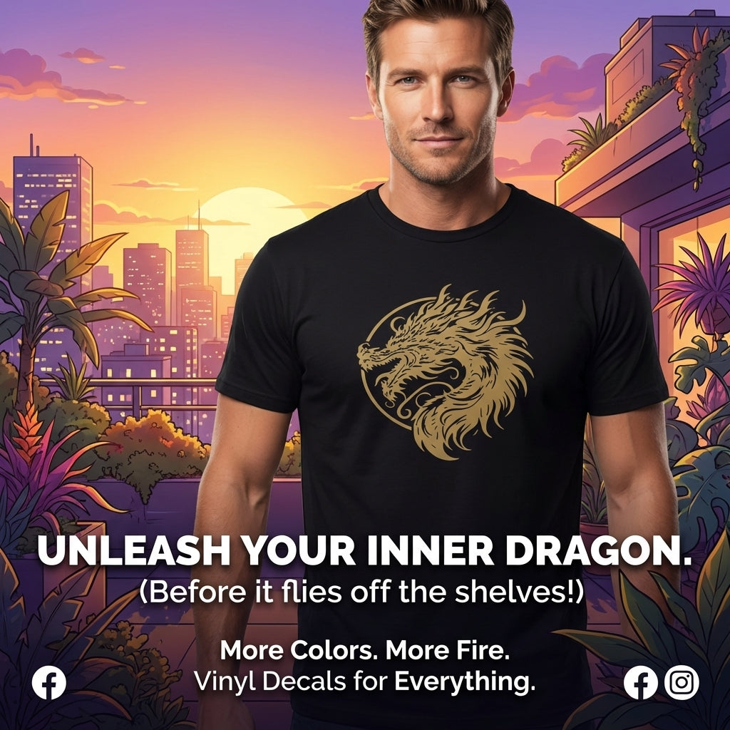 “Dragon graphic unisex t‑shirt, black with gold HTV print, front view”