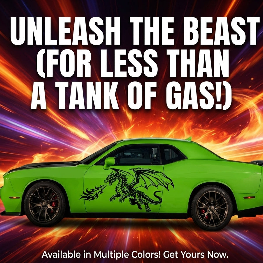 “Large black dragon with flames vinyl car decal on door, 50×24”