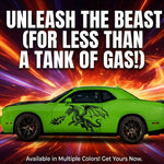 “Large black dragon with flames vinyl car decal on door, 50×24”