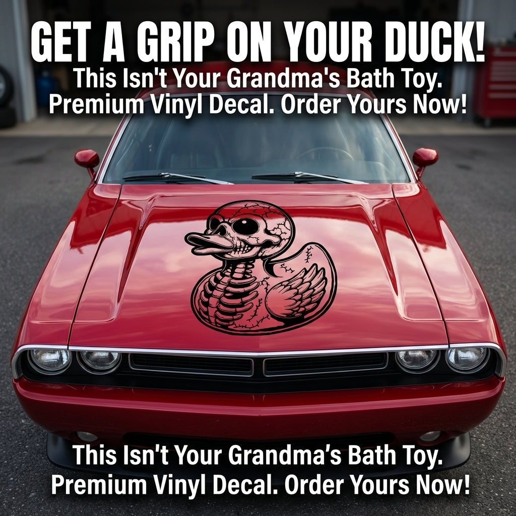 Black duck skull vinyl decal on red vehicle hood, single‑color design”