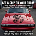 Black duck skull vinyl decal on red vehicle hood, single‑color design”
