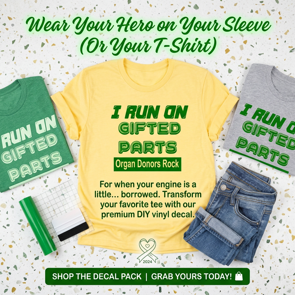“Organ recipient ‘I Run On Gifted Parts’ tee, yellow shirt with green vinyl text, flat lay”