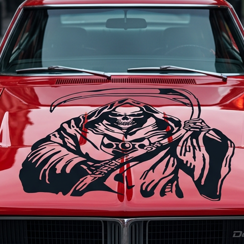 “Grim Reaper vinyl car/wall decal, black, 17×14, die‑cut with no background on car hood