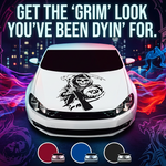 Black matte Grim Reaper decal, 32×25, applied to smooth car hood, high‑contrast