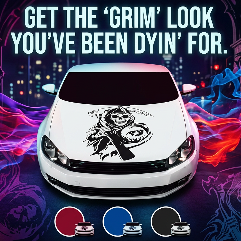Black matte Grim Reaper decal, 32×25, applied to smooth car hood, high‑contrast