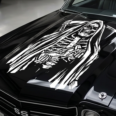Grim Reaper vinyl car/wall decal, white, 21×17, die‑cut with no background on rear window