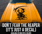 Black matte Grim Reaper wall decal, high‑contrast silhouette on smooth vehicle
