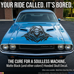 Car with a skull decal on the hood against a blue background