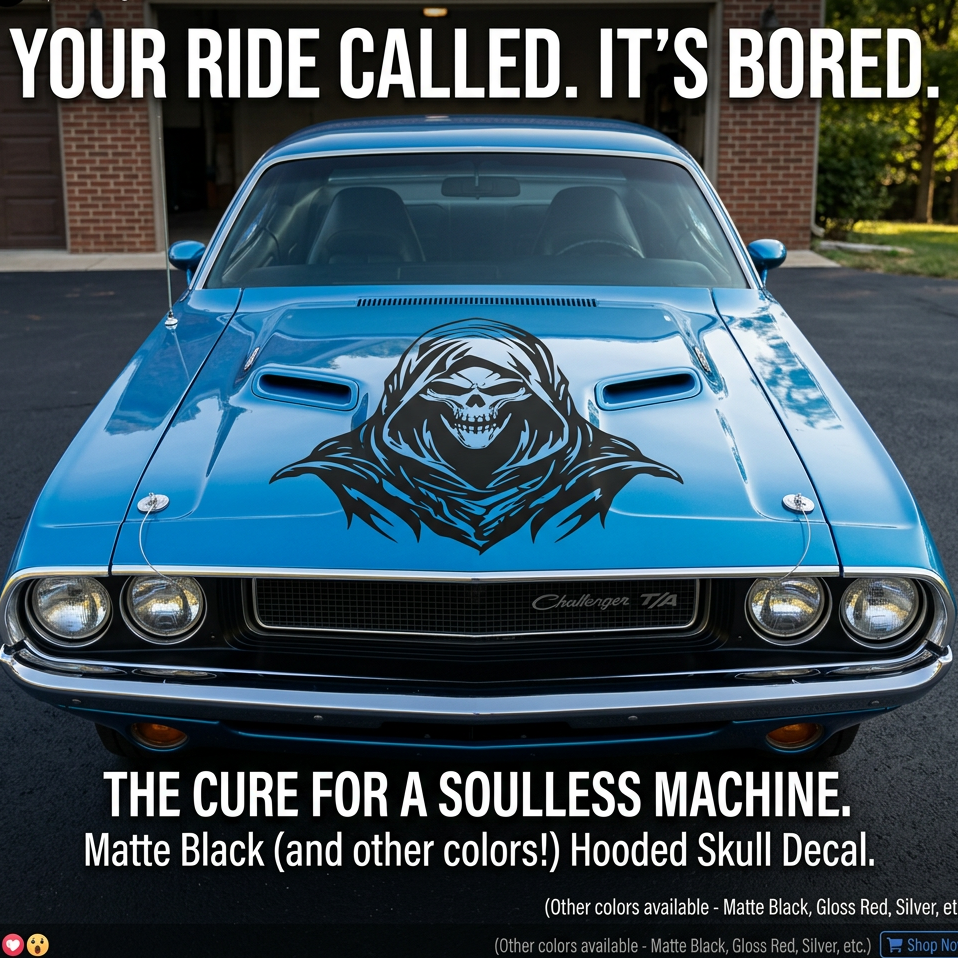 Car with a skull decal on the hood against a blue background