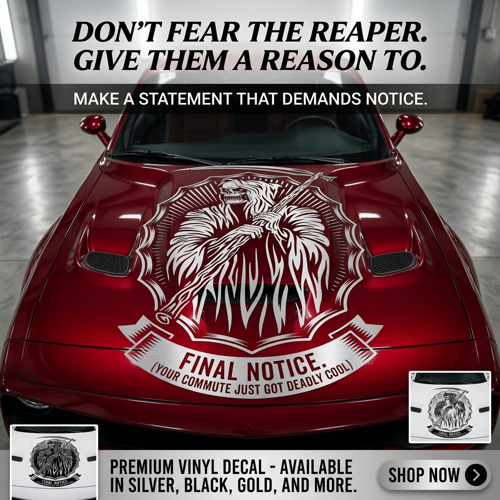 Grim Reaper vinyl car/wall decal, white, 22×31 on hood.  die‑cut with no background”