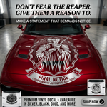 Grim Reaper vinyl car/wall decal, white, 22×31 on hood.  die‑cut with no background”