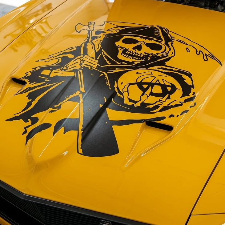 Black matte Grim Reaper decal, 32×25, applied to smooth car hood, high‑contrast