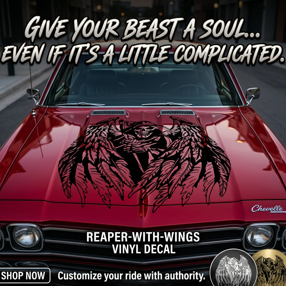 "Black vinyl decal of hooded Grim Reaper skull with large feathered angel wings, centered on blue muscle car hood."
