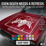 “Black matte Grim Reaper skull decal, 34×23, applied to smooth hood”