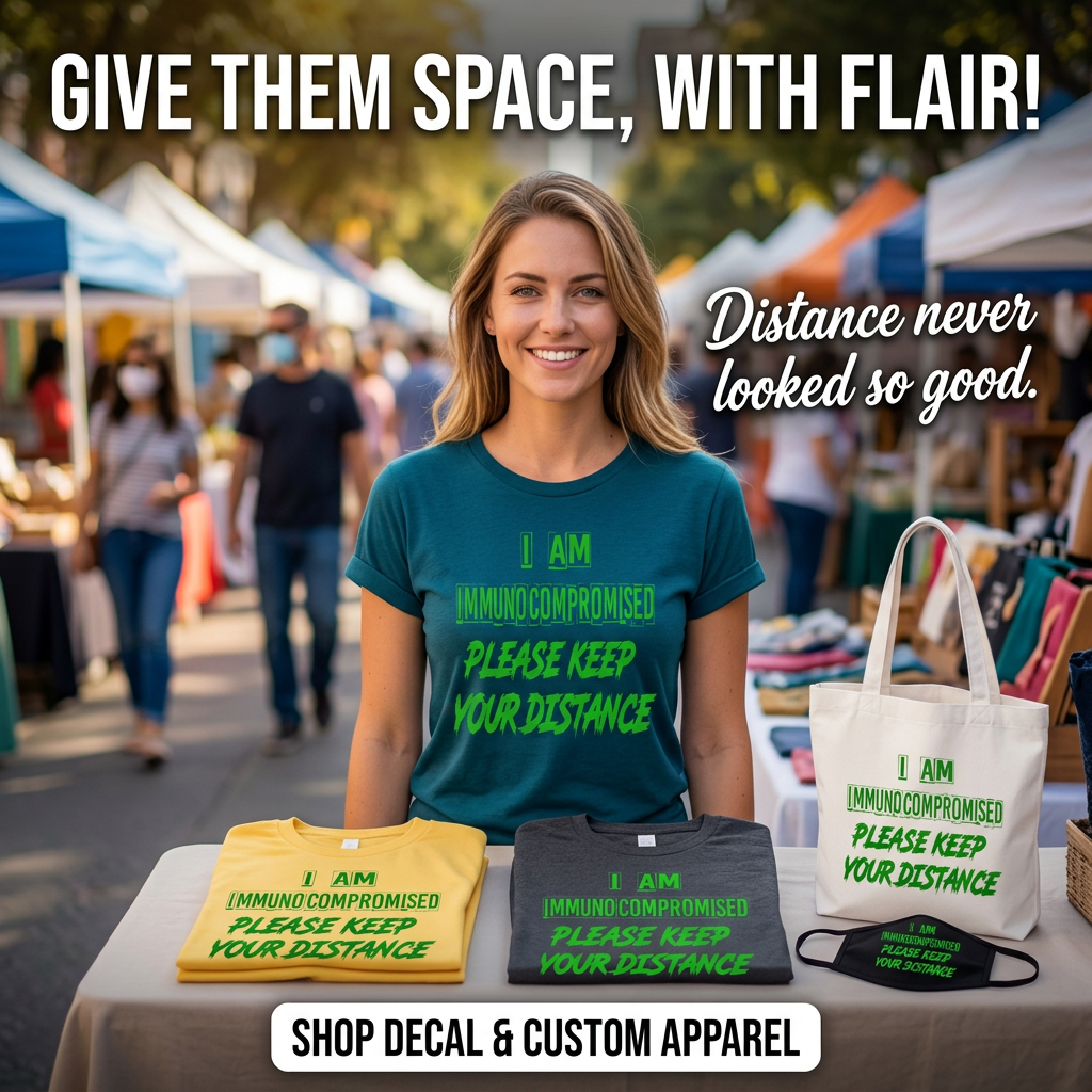 “I am immunocompromised — please keep your distance graphic t‑shirt, black, unisex, front view”