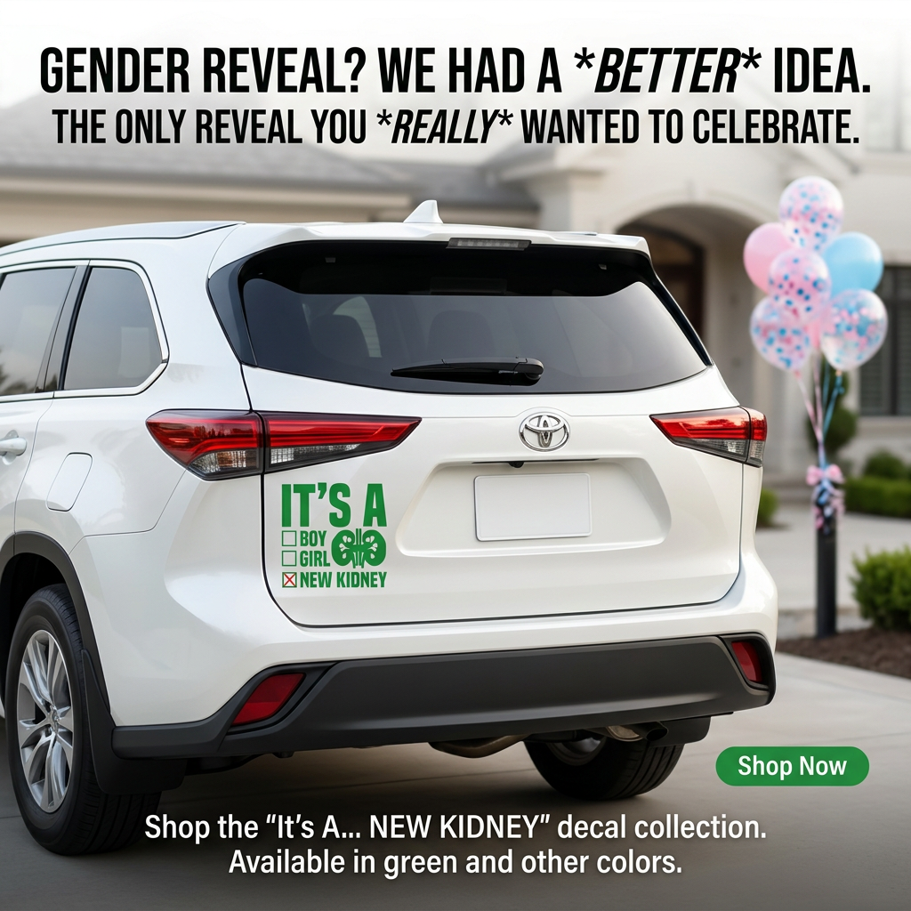 “It’s a Boy/Girl/New Kidney" vinyl car window decal, green, 11×11 in, die‑cut with no background”