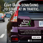“Kidney Disease Awareness" vinyl car decal, black text with green ribbon, 9‑inch width, die‑cut with no background”