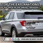 “Legs Are Out of Order" wheelchair vinyl car window decal, black, 17‑inch width, die‑cut with no background