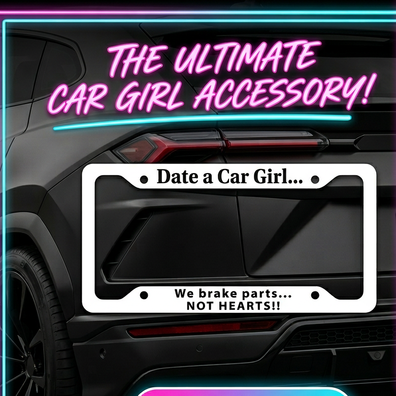 White license plate frame with pink text on a white background
