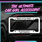 White license plate frame with pink text on a white background