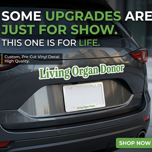 “Living Organ Donor" glossy aluminum license plate frame, 12.3×6.5, pre‑drilled holes, silver backing